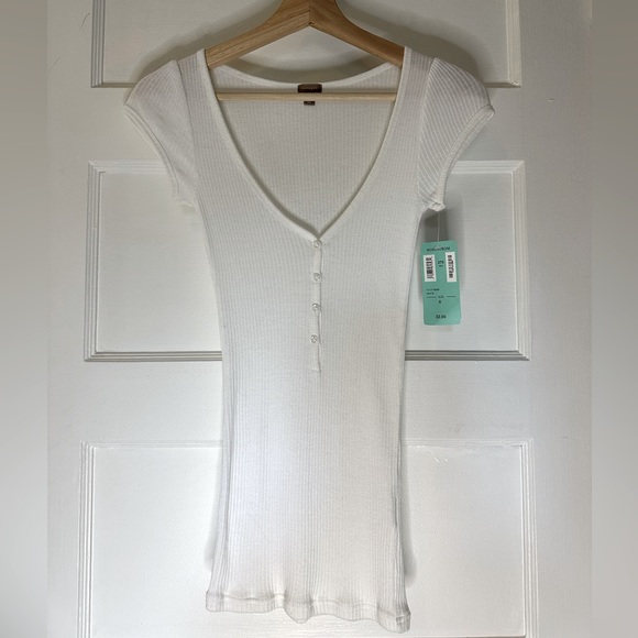 Nordstrom Halogen Short Cap Sleeve White Henley Ribbed V-Neck Cotton Tee - Picture 9 of 9